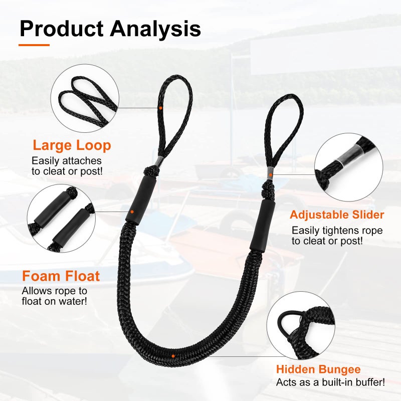 Jranter Bungee Dock Lines - Boat Accessories - 4 Feet Shock Cords Docking Rope Mooring Rope for PWC,Jet ski,Pontoon,Kayak,Canoe,Power Boat,Watercraft (Black) - Image 2